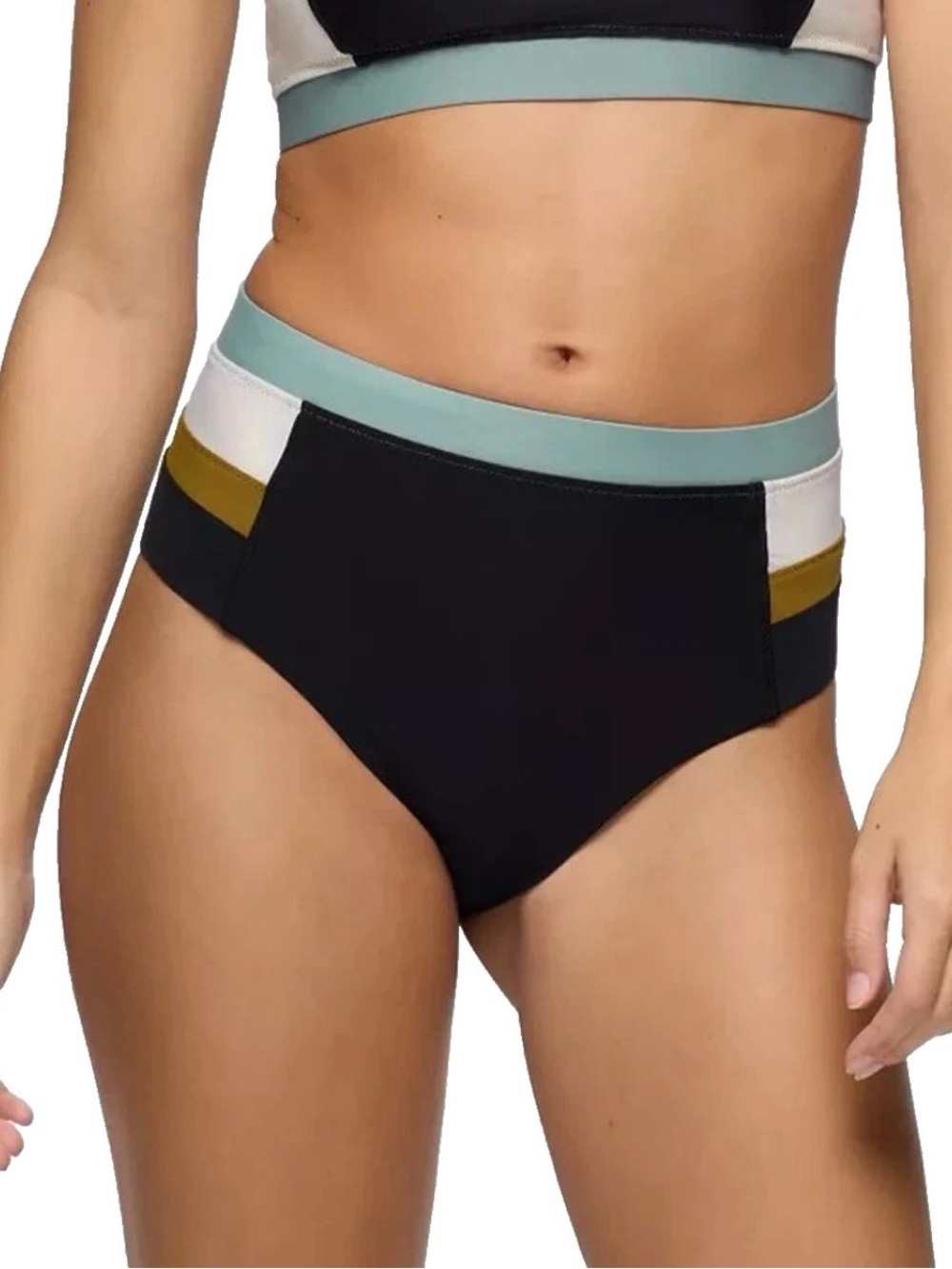 Prana High-Rise Colorblock Bikini Baja Bound Black, teal, cream, gold.